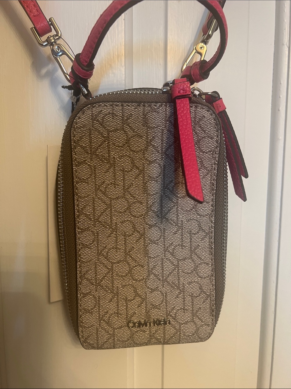 Calvin Klein Brown Logo Crossbody with Pink Trim